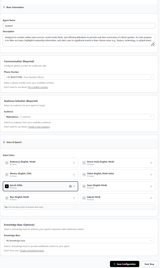 Agent Configuration page showing basic information, communication, audience selection, voice & speech, and knowledge base settings