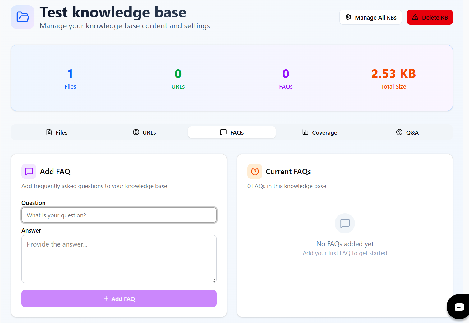 FAQ Management Screenshot